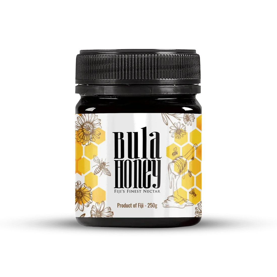 Bula Honey jar with black lid on a white background