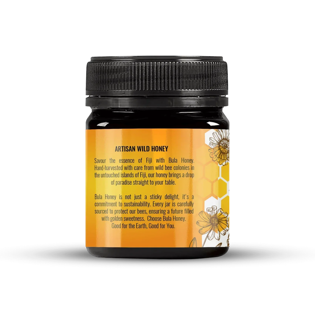 Bula Honey jar with black lid on a white background